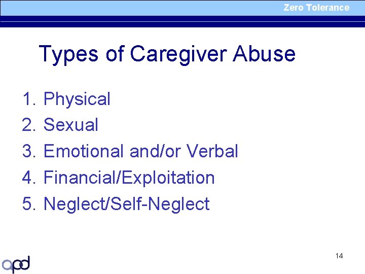 Zero Tolerance Types of Caregiver Abuse 1. 2. 3. 4. 5. Physical Sexual Emotional