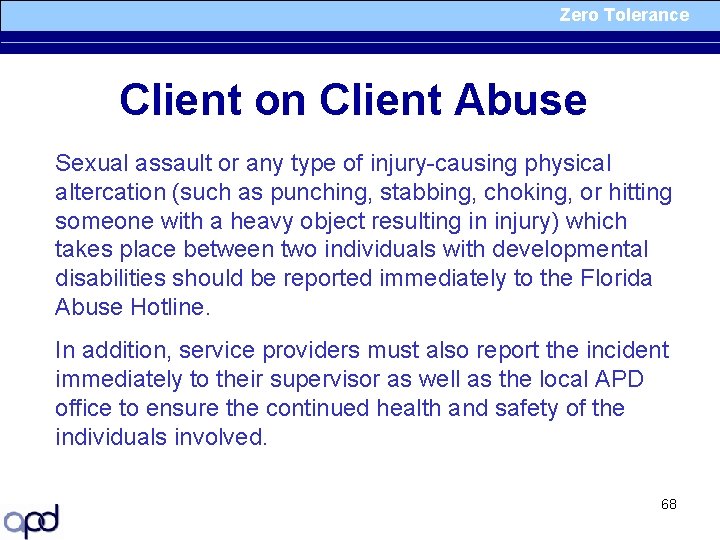Zero Tolerance Client on Client Abuse Sexual assault or any type of injury-causing physical