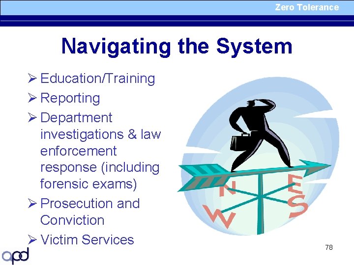 Zero Tolerance Navigating the System Ø Education/Training Ø Reporting Ø Department investigations & law