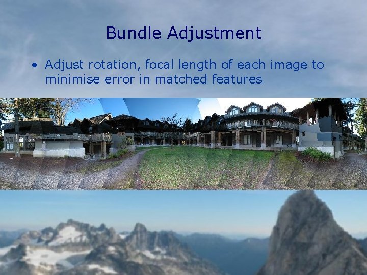 Bundle Adjustment • Adjust rotation, focal length of each image to minimise error in