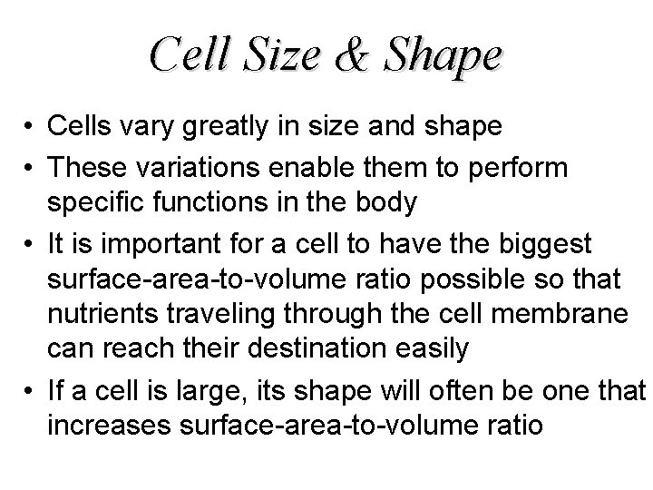 Cell Size & Shape • Cells vary greatly in size and shape • These