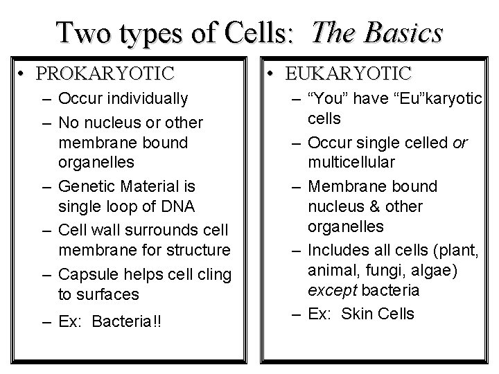 Two types of Cells: The Basics • PROKARYOTIC – Occur individually – No nucleus