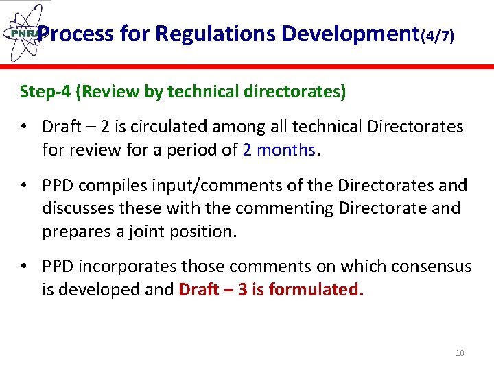 Process for Regulations Development(4/7) Step-4 (Review by technical directorates) • Draft – 2 is