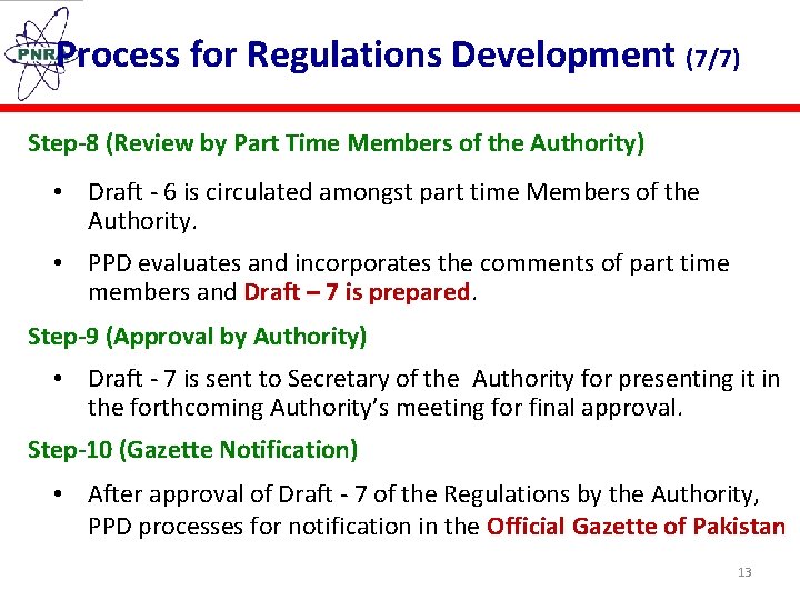 Process for Regulations Development (7/7) Step-8 (Review by Part Time Members of the Authority)