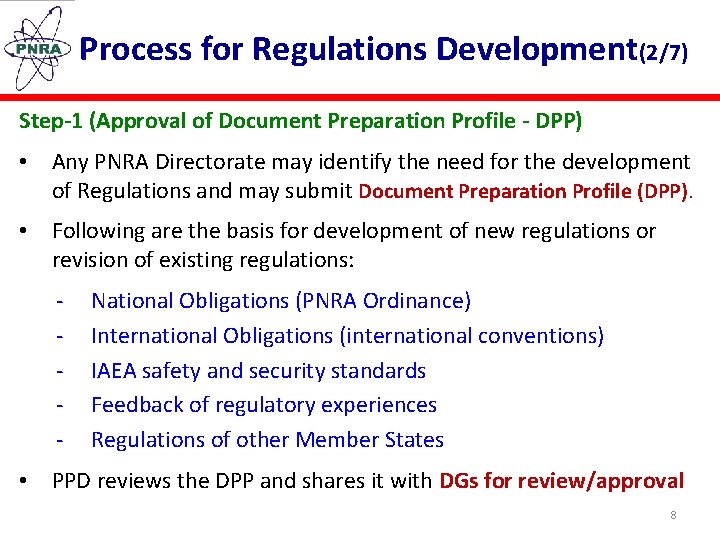 Process for Regulations Development(2/7) Step-1 (Approval of Document Preparation Profile - DPP) • Any