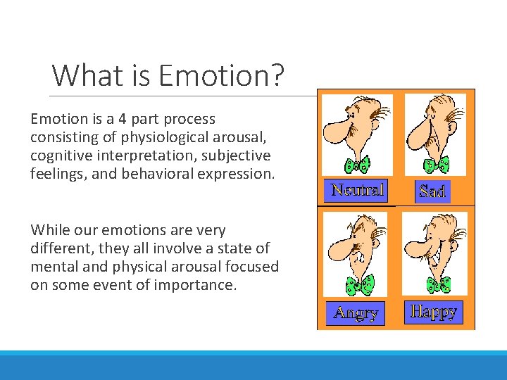 What is Emotion? Emotion is a 4 part process consisting of physiological arousal, cognitive