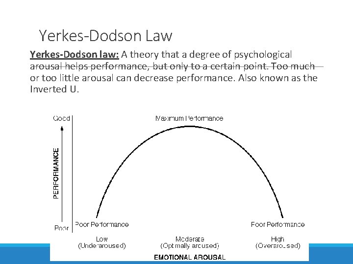 Yerkes-Dodson Law Yerkes-Dodson law: A theory that a degree of psychological arousal helps performance,