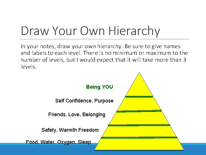 Draw Your Own Hierarchy In your notes, draw your own hierarchy. Be sure to