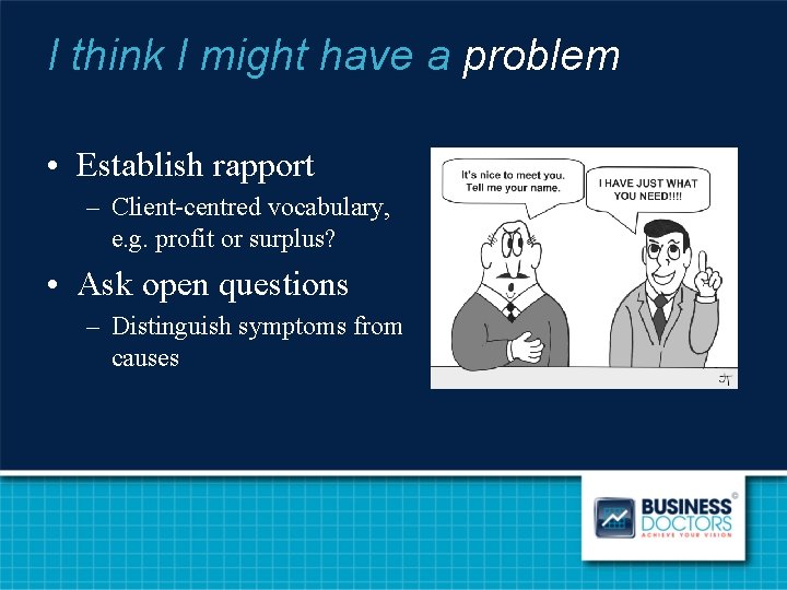 I think I might have a problem • Establish rapport – Client-centred vocabulary, e.