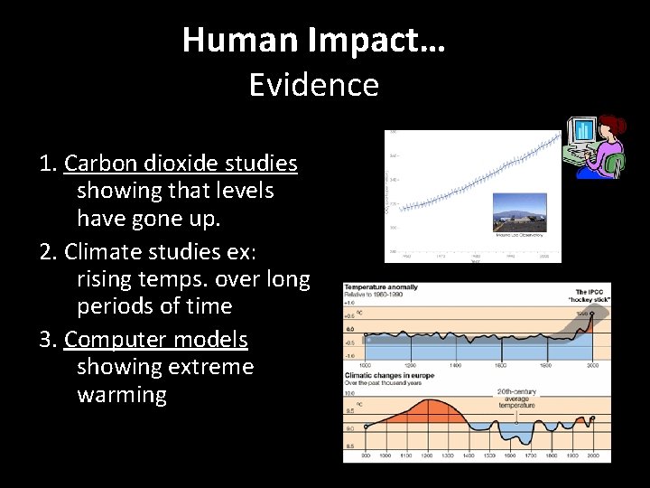 Human Impact… Evidence 1. Carbon dioxide studies showing that levels have gone up. 2.