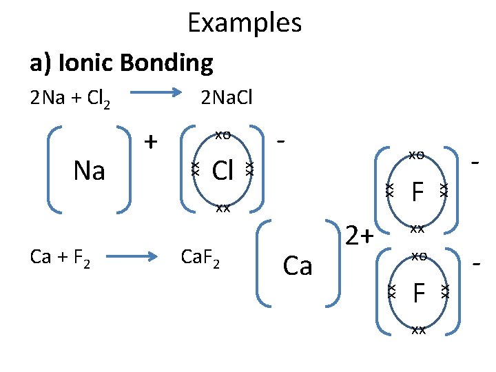 Examples a) Ionic Bonding - Ca + F 2 Ca 2+ xx - xo Examples a) Ionic Bonding - Ca + F 2 Ca 2+ xx - xo