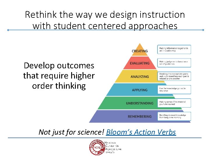 Rethink the way we design instruction with student centered approaches Develop outcomes that require