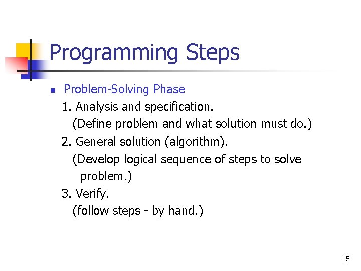 Programming Steps n Problem-Solving Phase 1. Analysis and specification. (Define problem and what solution