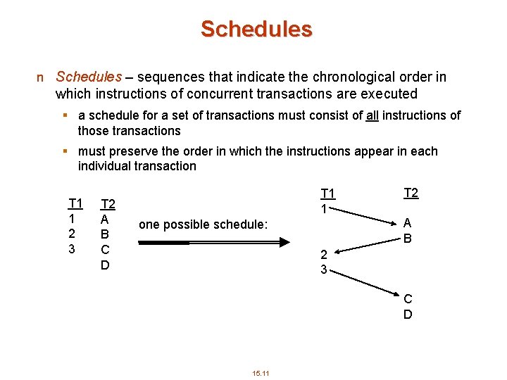 Schedules n Schedules – sequences that indicate the chronological order in which instructions of
