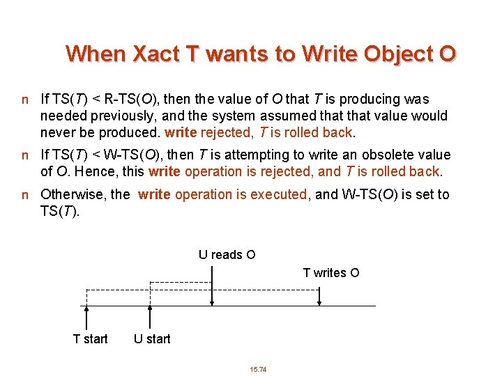 When Xact T wants to Write Object O n If TS(T) < R-TS(O), then