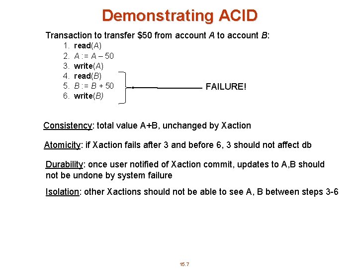 Demonstrating ACID Transaction to transfer $50 from account A to account B: 1. 2.