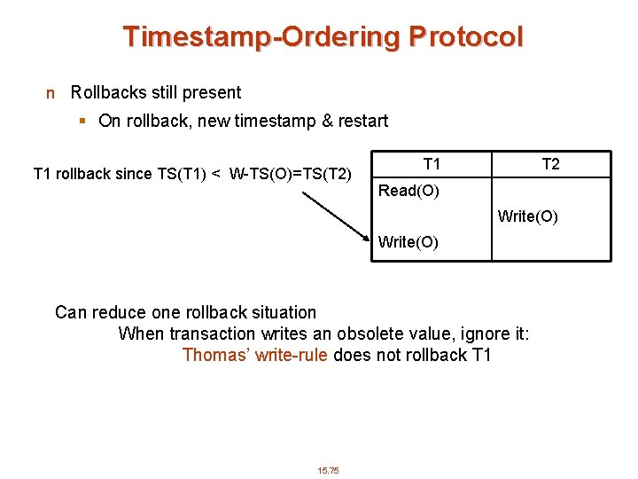 Timestamp-Ordering Protocol n Rollbacks still present § On rollback, new timestamp & restart T