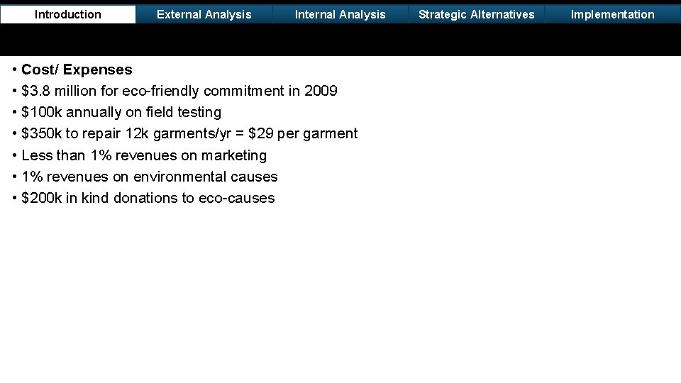 Introduction External Analysis Internal Analysis • Cost/ Expenses • $3. 8 million for eco-friendly