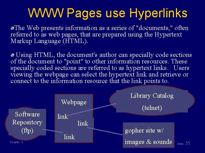 WWW Pages use Hyperlinks The Web presents information as a series of "documents, "