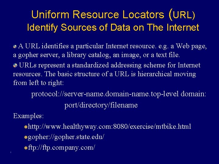 Uniform Resource Locators (URL) Identify Sources of Data on The Internet A URL identifies
