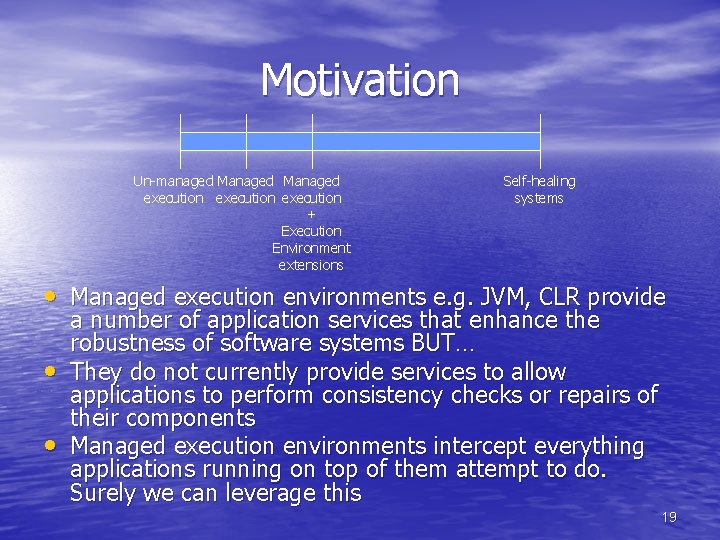 Motivation Un-managed Managed execution + Execution Environment extensions Self-healing systems • Managed execution environments