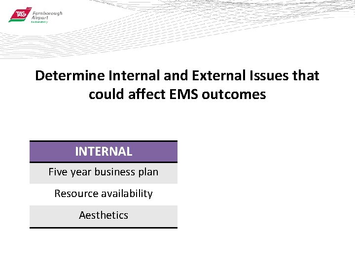 Determine Internal and External Issues that could affect EMS outcomes INTERNAL EXTERNAL Five year