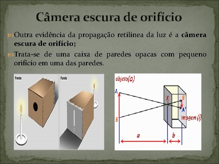 Câmera escura de orifício Outra evidência da propagação retilínea da luz é a câmera