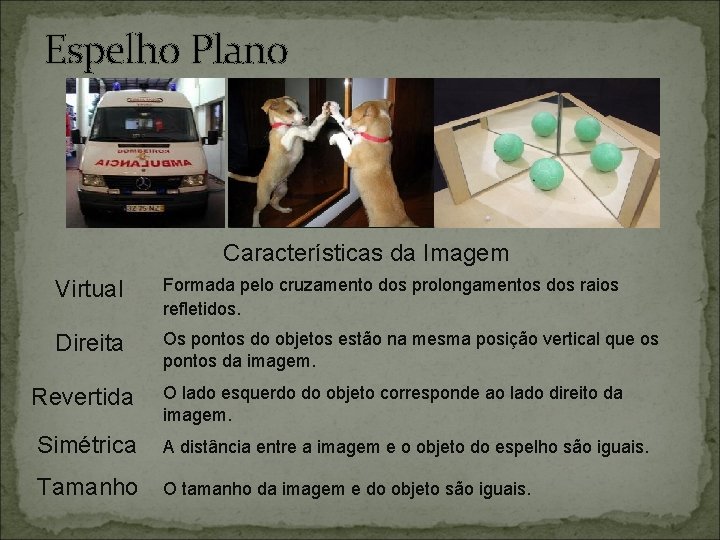 Espelho Plano Características da Imagem Virtual Formada pelo cruzamento dos prolongamentos dos raios refletidos.