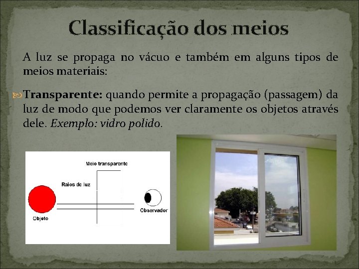 Classificação dos meios A luz se propaga no vácuo e também em alguns tipos