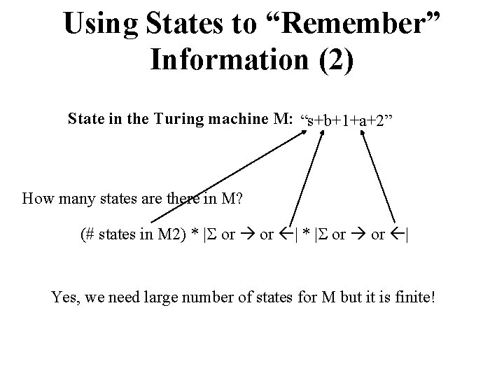 Using States to “Remember” Information (2) State in the Turing machine M: “s+b+1+a+2” How