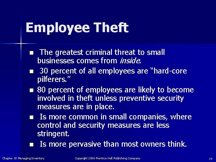 Employee Theft n n n The greatest criminal threat to small businesses comes from
