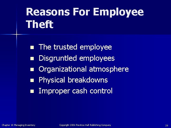 Reasons For Employee Theft n n n Chapter 18 Managing Inventory The trusted employee