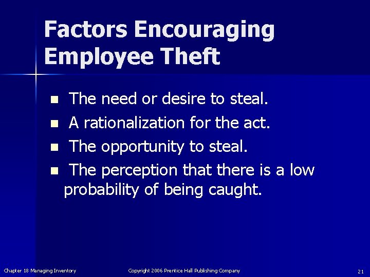 Factors Encouraging Employee Theft The need or desire to steal. n A rationalization for