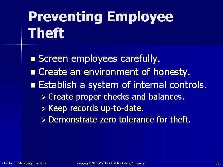 Preventing Employee Theft Screen employees carefully. n Create an environment of honesty. n Establish