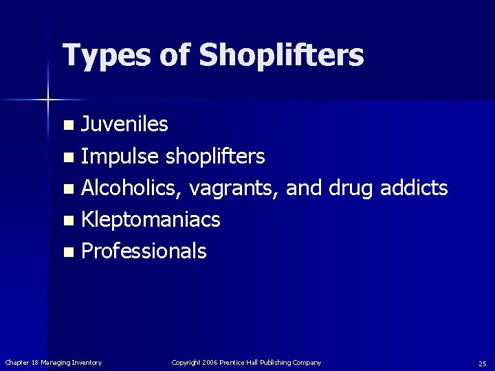 Types of Shoplifters Juveniles n Impulse shoplifters n Alcoholics, vagrants, and drug addicts n