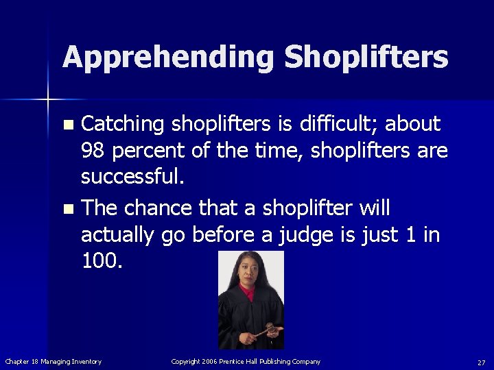 Apprehending Shoplifters Catching shoplifters is difficult; about 98 percent of the time, shoplifters are