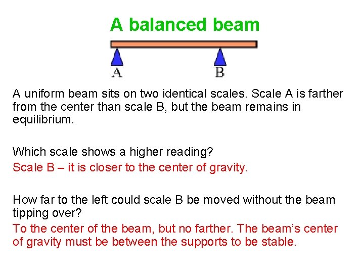 A balanced beam A uniform beam sits on two identical scales. Scale A is