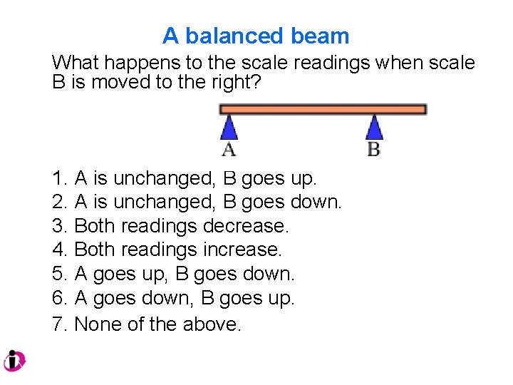 A balanced beam What happens to the scale readings when scale B is moved