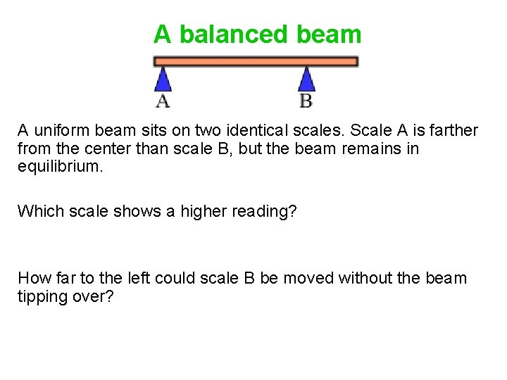 A balanced beam A uniform beam sits on two identical scales. Scale A is