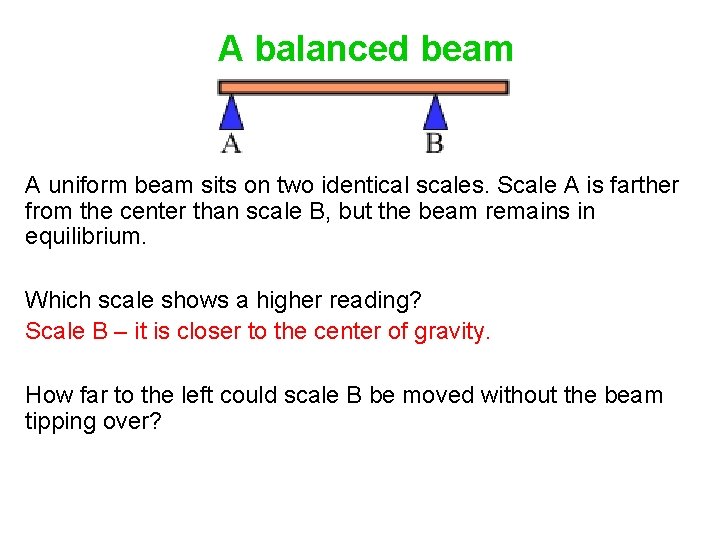 A balanced beam A uniform beam sits on two identical scales. Scale A is