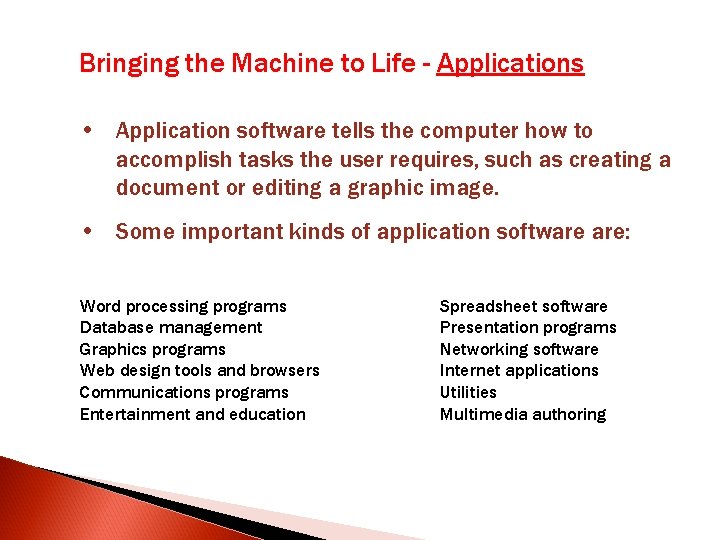 Bringing the Machine to Life - Applications • Application software tells the computer how Bringing the Machine to Life - Applications • Application software tells the computer how