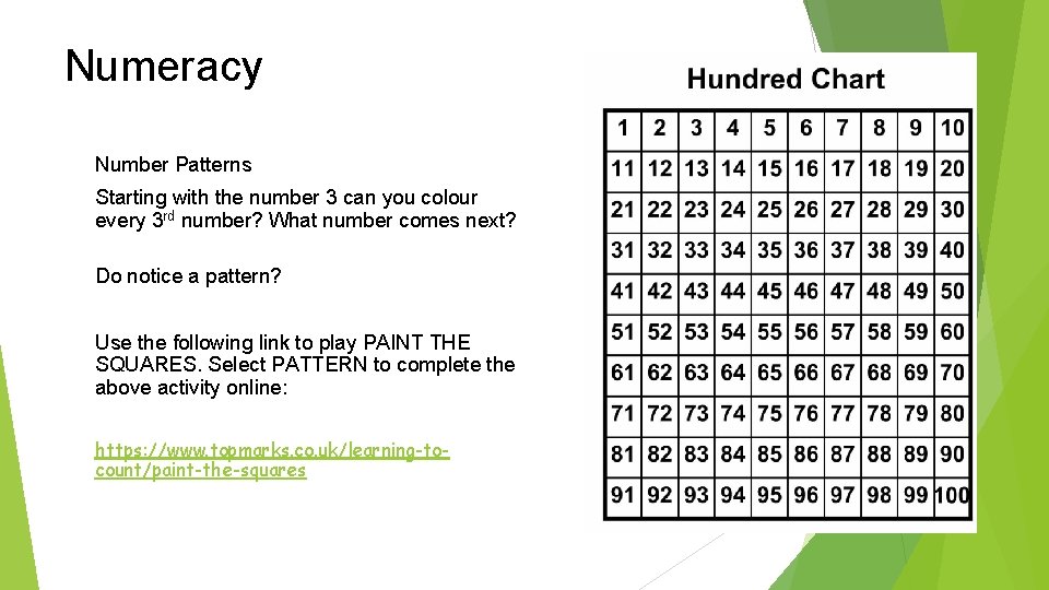 Numeracy Number Patterns Starting with the number 3 can you colour every 3 rd