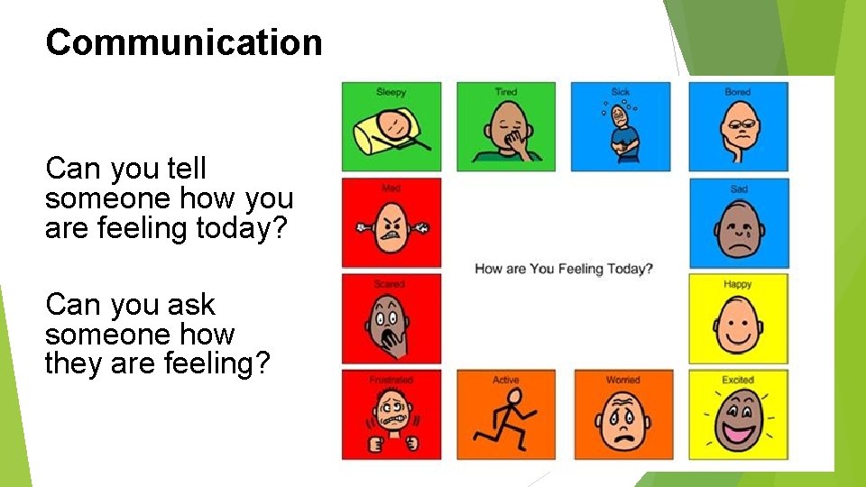 Communication Can you tell someone how you are feeling today? Can you ask someone