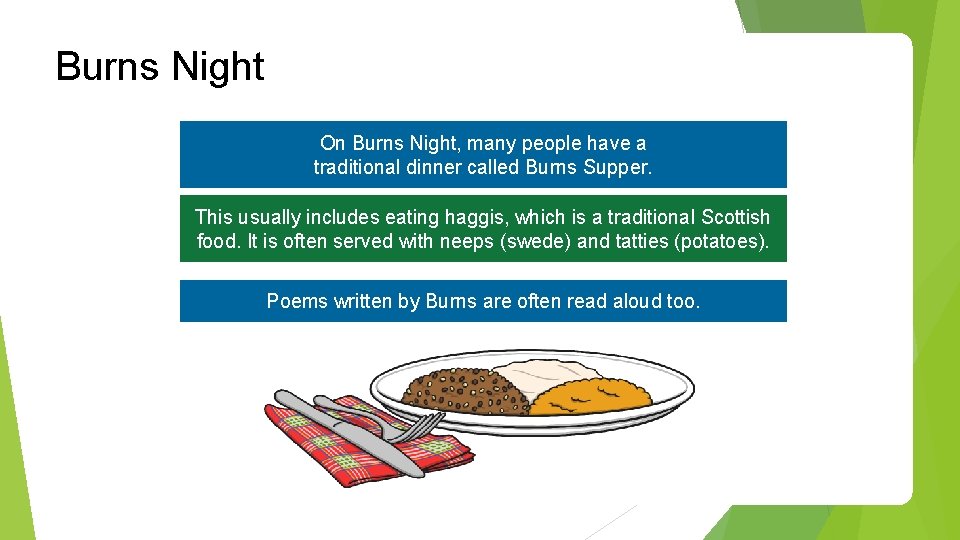 Burns Night On Burns Night, many people have a traditional dinner called Burns Supper.
