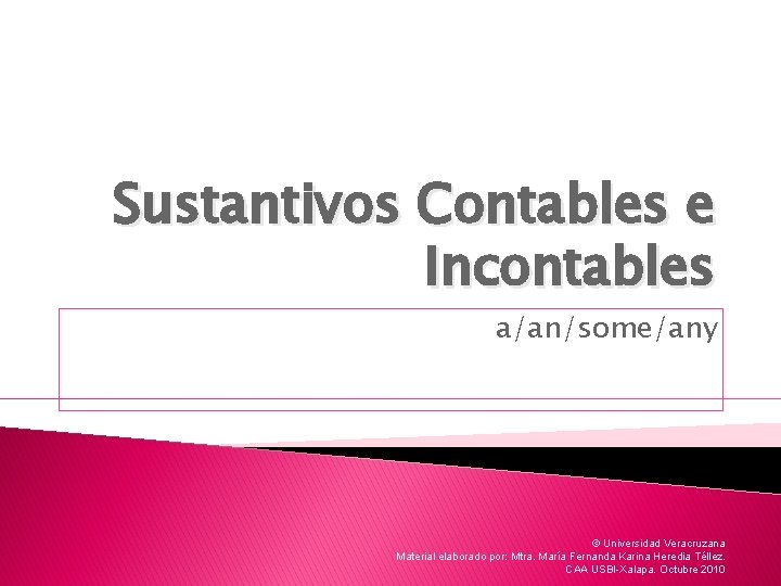 Sustantivos Contables e Incontables a/an/some/any © Universidad Veracruzana Material elaborado por: Mtra. María Fernanda