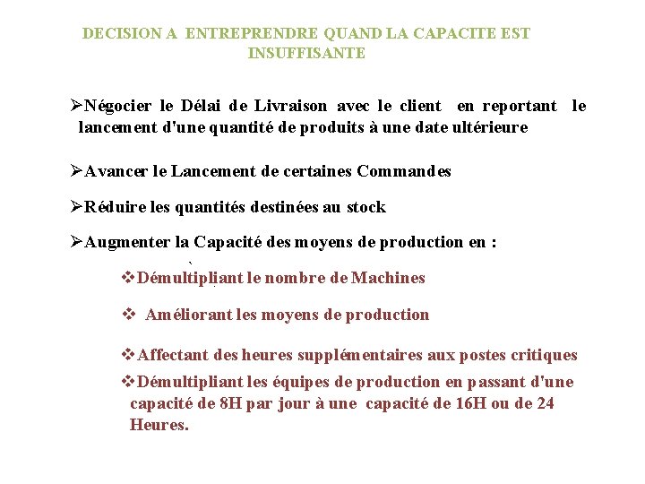 DECISION A ENTREPRENDRE QUAND LA CAPACITE EST INSUFFISANTE ØNégocier le Délai de Livraison avec