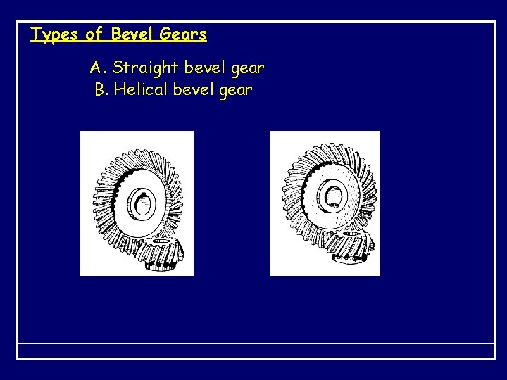 Types of Bevel Gears A. Straight bevel gear B. Helical bevel gear 