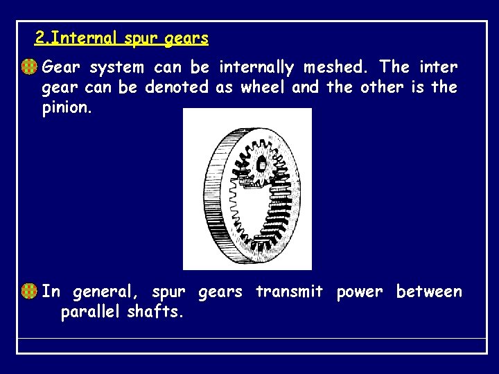 2. Internal spur gears Gear system can be internally meshed. The inter gear can