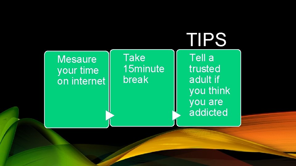 TIPS Mesaure your time on internet Take 15 minute break Tell a trusted adult