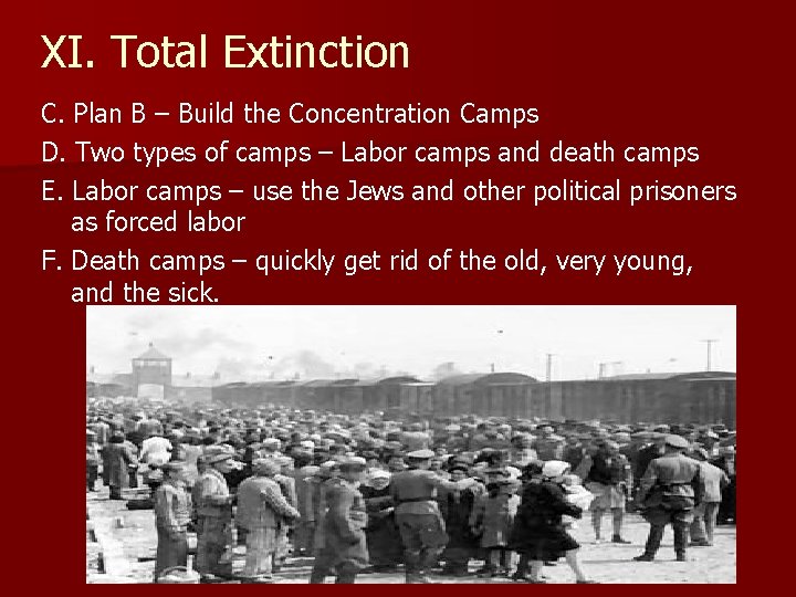 XI. Total Extinction C. Plan B – Build the Concentration Camps D. Two types XI. Total Extinction C. Plan B – Build the Concentration Camps D. Two types